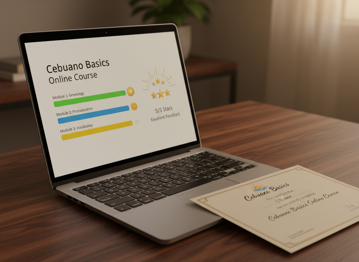 A laptop on a dark walnut desk showing a polished dashboard titled “Cebuano Basics Online Course,” with clear progress bars, completed lesson badges, and a 5-star rating graphic symbolizing excellent student feedback. Next to the laptop, a printed certificate of completion with the Cebuano Basics logo and elegant typography lies partially visible, suggesting successful outcomes. Subtle reflections from the screen glow onto the keyboard in a softly lit evening scene, supplemented by a warm desk lamp out of frame. Shot at a three-quarter angle with a shallow depth of field, the photographic image conveys credibility, professionalism, and achievement in online Bisaya learning.