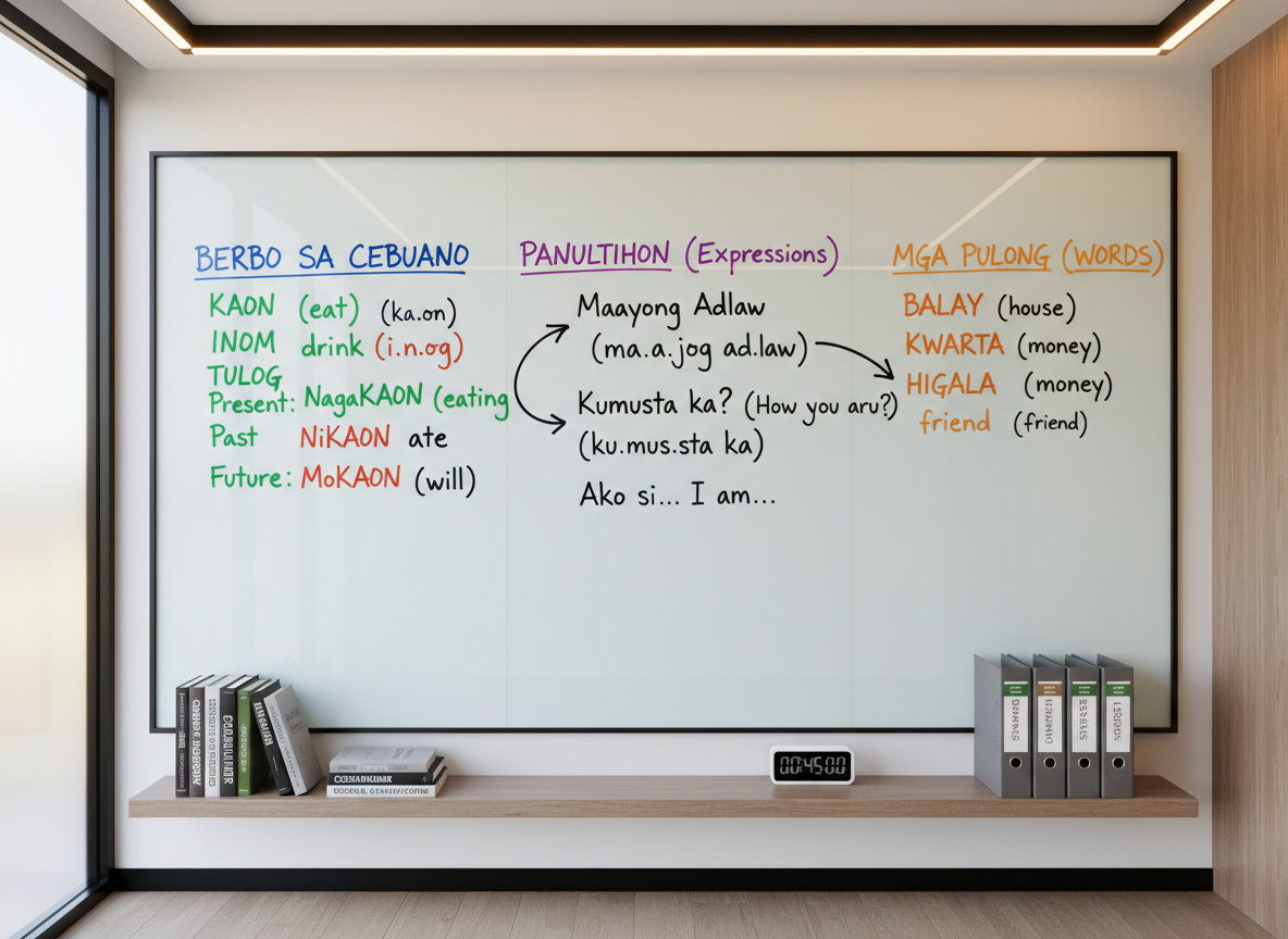 A sleek, wall-mounted whiteboard in a quiet study room, filled with neatly written Cebuano phrases, pronunciation guides using phonetic symbols, and arrows connecting Bisaya words to their English meanings. Different colored markers highlight verb conjugations and common expressions like greetings and introductions. Below the whiteboard, an orderly shelf holds Cebuano dictionaries, labeled binders, and a small digital timer. Soft overhead lighting combines with diffused daylight from a side window, creating an even, professional illumination. Photographed straight on with sharp focus throughout, the image has a clean, instructional aesthetic that conveys clear, methodical language teaching.