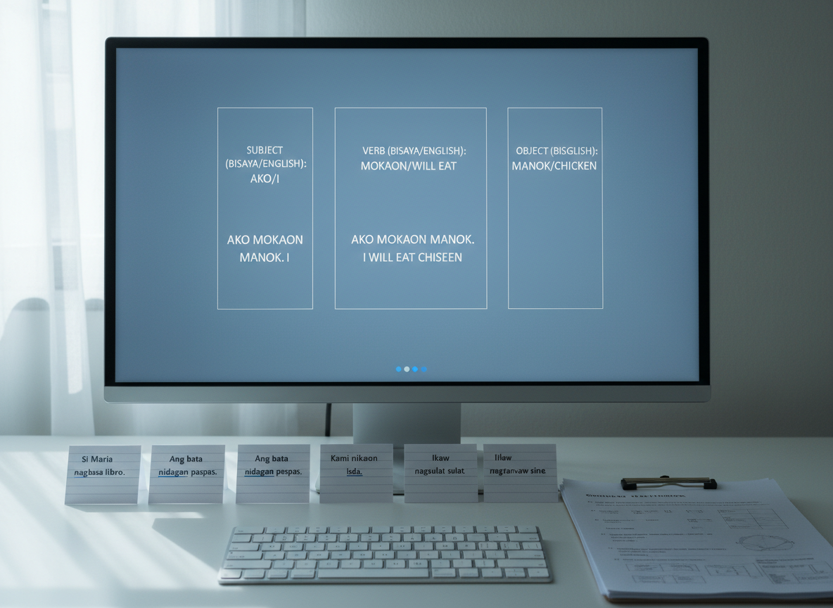 A calm digital study corner featuring a large desktop monitor displaying a structured Cebuano lesson on sentence patterns, with labeled sections for subject, verb, and object in both Bisaya and English. Below the screen, an organized row of index cards shows sample Cebuano sentences with underlined key words. A slim, wireless keyboard and a neatly stacked pile of grammar reference sheets complete the arrangement. Cool, diffused daylight from a nearby window reflects gently on the monitor, with soft shadows falling behind the cards. Captured at a slight side angle in photographic realism, the image feels precise, methodical, and highly focused on understanding Cebuano structure.