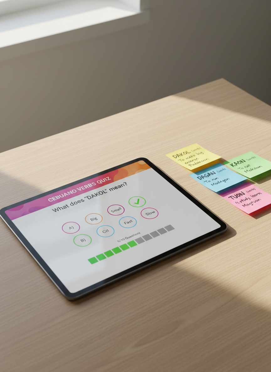 A bright, minimalist workspace featuring a large tablet laid flat on a pale oak table, displaying an interactive Cebuano vocabulary quiz with clear multiple-choice options and progress indicators. Beside it, color-coded sticky notes show neatly written Bisaya verbs and simple example sentences in English and Cebuano. Natural morning light streams in from the left, casting subtle reflections on the tablet’s glass and soft shadows from the notes. Captured from a slightly elevated angle in photographic realism, the composition uses the rule of thirds, with a clean, professional atmosphere that suggests structured, engaging online language study.