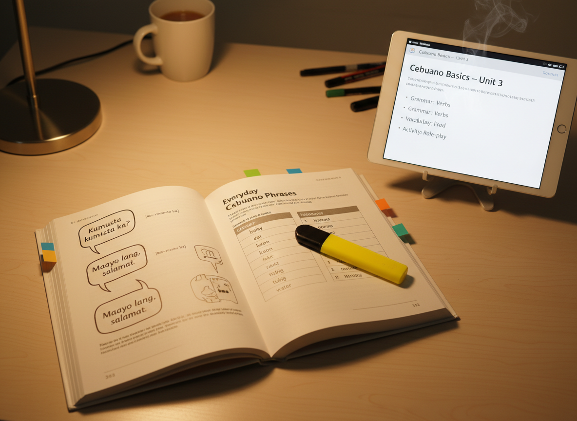 An open Cebuano language textbook on a smooth, light-toned desk, its pages featuring dialogue bubbles in Bisaya with small pronunciation notes in the margins, and vocabulary lists organized in neat columns. A highlighter rests across a section titled “Everyday Cebuano Phrases,” while colored page tabs mark progress through the course. Nearby, a slim tablet displays a structured lesson plan labeled “Cebuano Basics – Unit 3.” Soft, warm desk-lamp lighting falls directly on the pages, creating a cozy yet professional study mood. Captured from above with photographic realism, the composition emphasizes clarity, organization, and steady progress in learning Cebuano online.